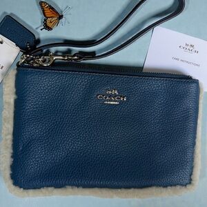 Coach Wristlet in Slate-blue Pebbled Leather with Cream Lamb Shearling NWT!